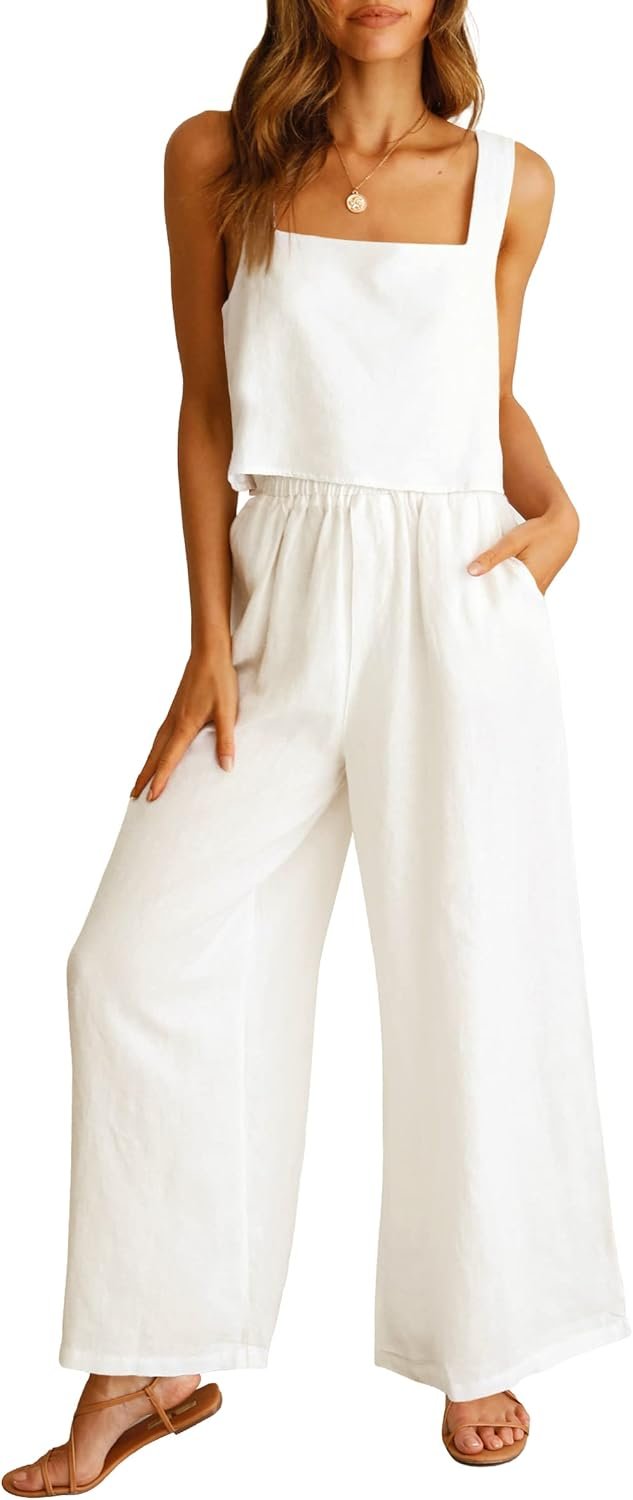 ANRABESS Women’s 2 Piece Outfits Linen Pants Jumpsuit Matching Lounge Set Casual Summer Beach Vacation Trendy Clothes