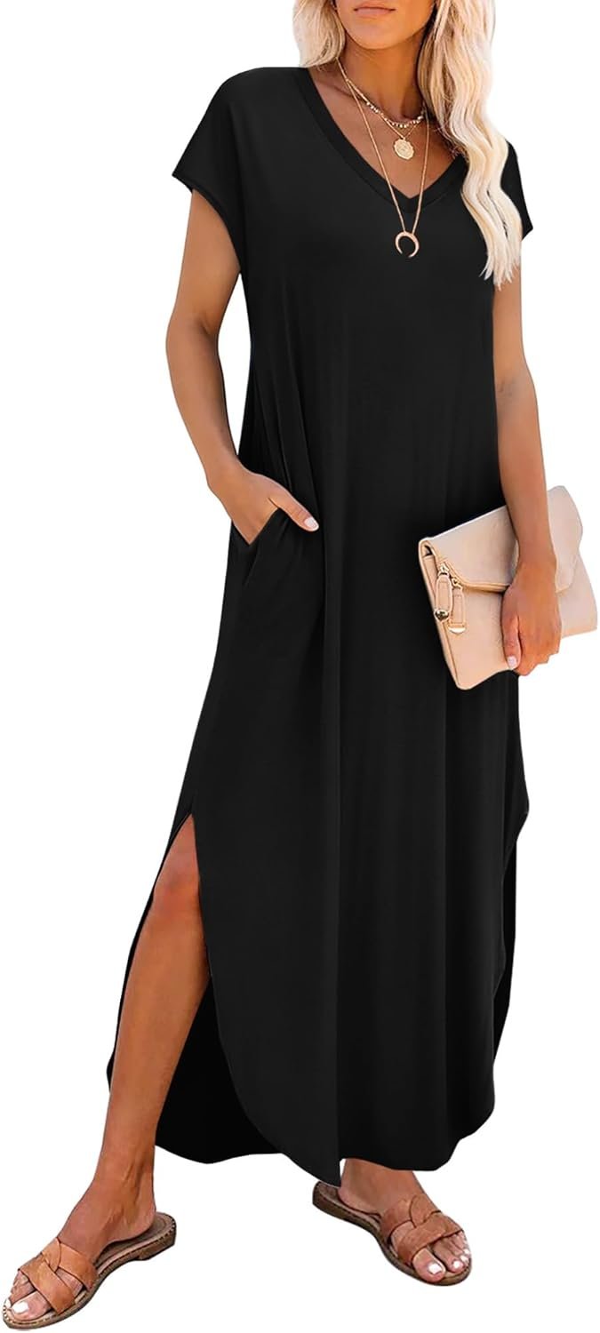 RUMIA Summer Maxi Dresses for Women Cap Sleeve Long Sundress with Pockets | Casual Tshirt Dress- Vacation Outfits