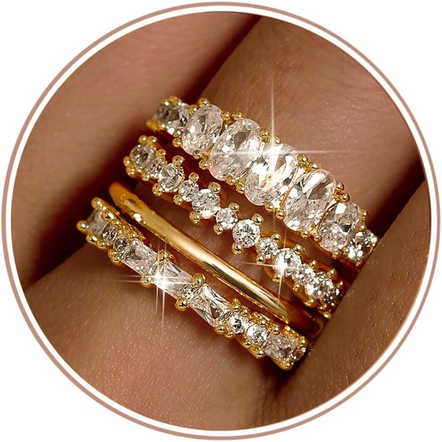 LOLIAS Gold Stackable Rings for Women Non Tarnish Engagement Wedding Bands | Hypoallergenic,Dainty Cubic Zirconia Wedding Ring Set,Minimalist Trendy Statement Promise Thumb Rings Stacking Size 5-10