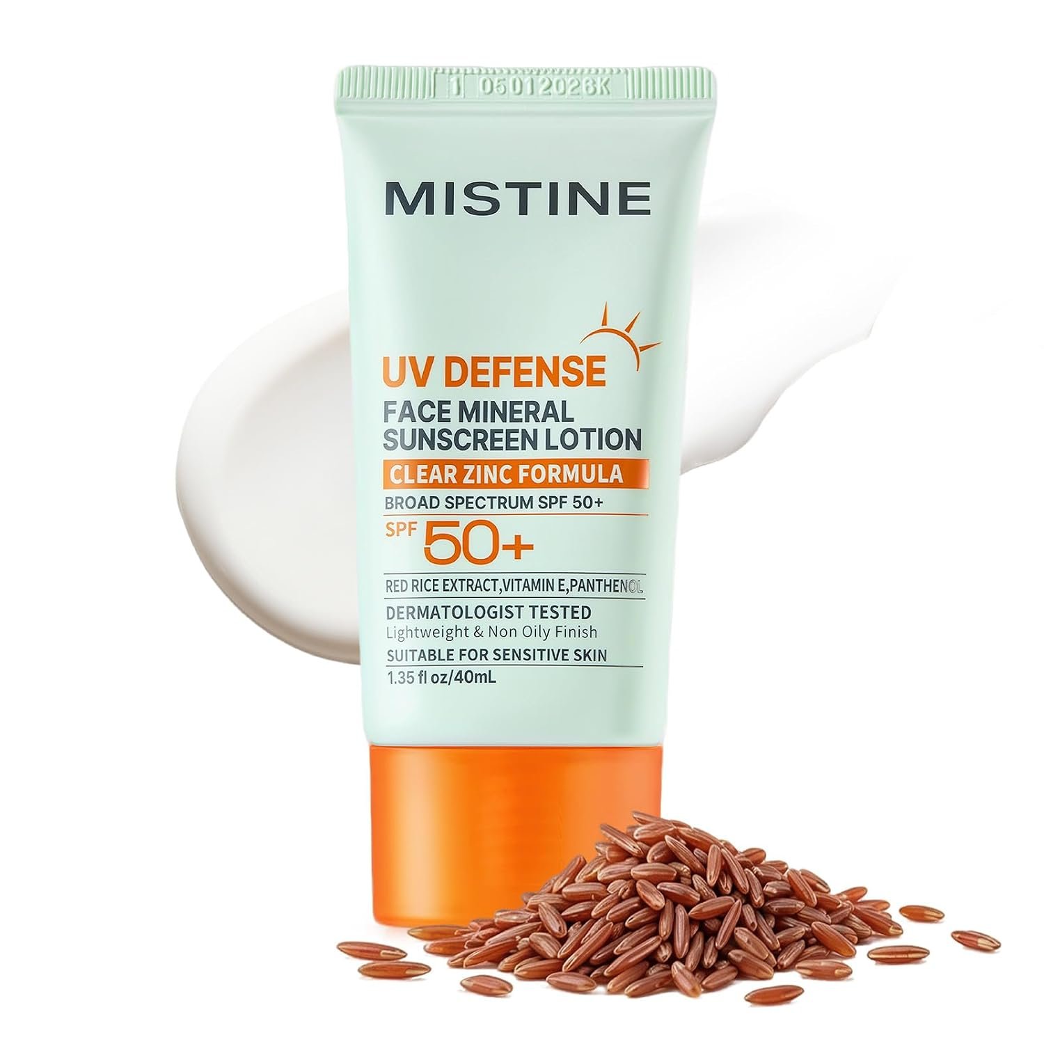 MISTINE Mineral Sunscreen Lotion SPF 50+, No White Cast Zinc Oxide Lightweight Non Oily Finish Korean Sunscreen for Sensitive Skin, Non comedogenic, Reef Safe, Travel Size-1.35 Fl Oz/40mL