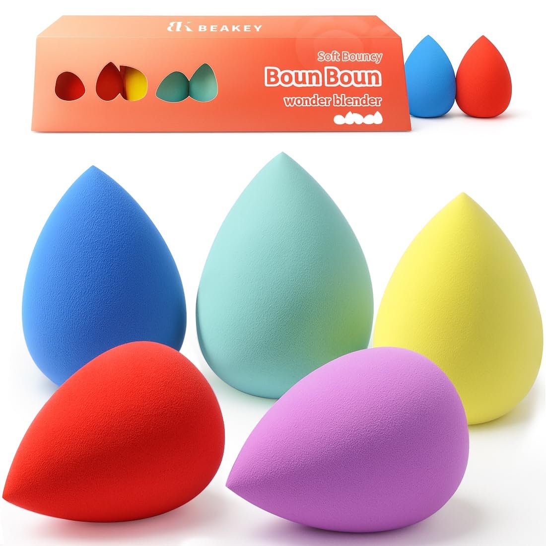 BEAKEY Makeup Sponge Set, 5 Pack Foundation Beauty Sponges & Soft Blenders | Micro Porous Low Absorption, for Liquid Cream & Powder Application, Latex Free Vegan & Cruelty-Free, Reusable & Durable