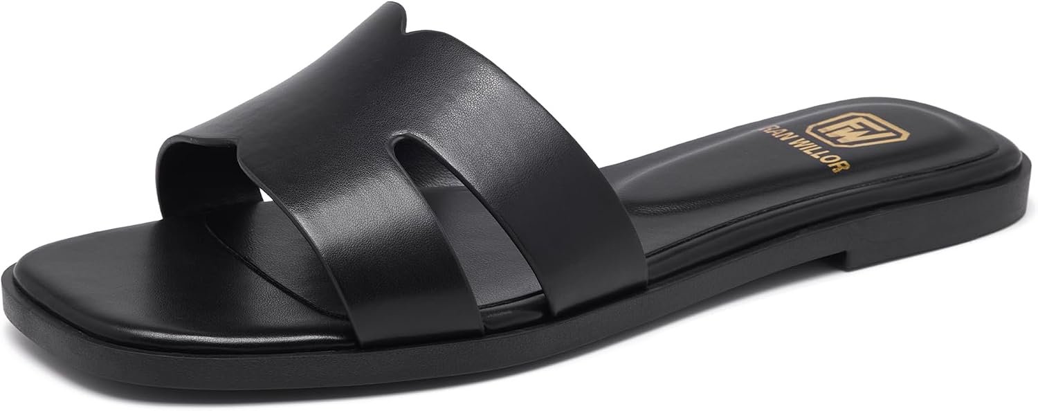 Women’s Flat Sandals Dressy Comfortable Slide Sandals Fashion Square Open Toe Slip On Beach Sandals for Summer