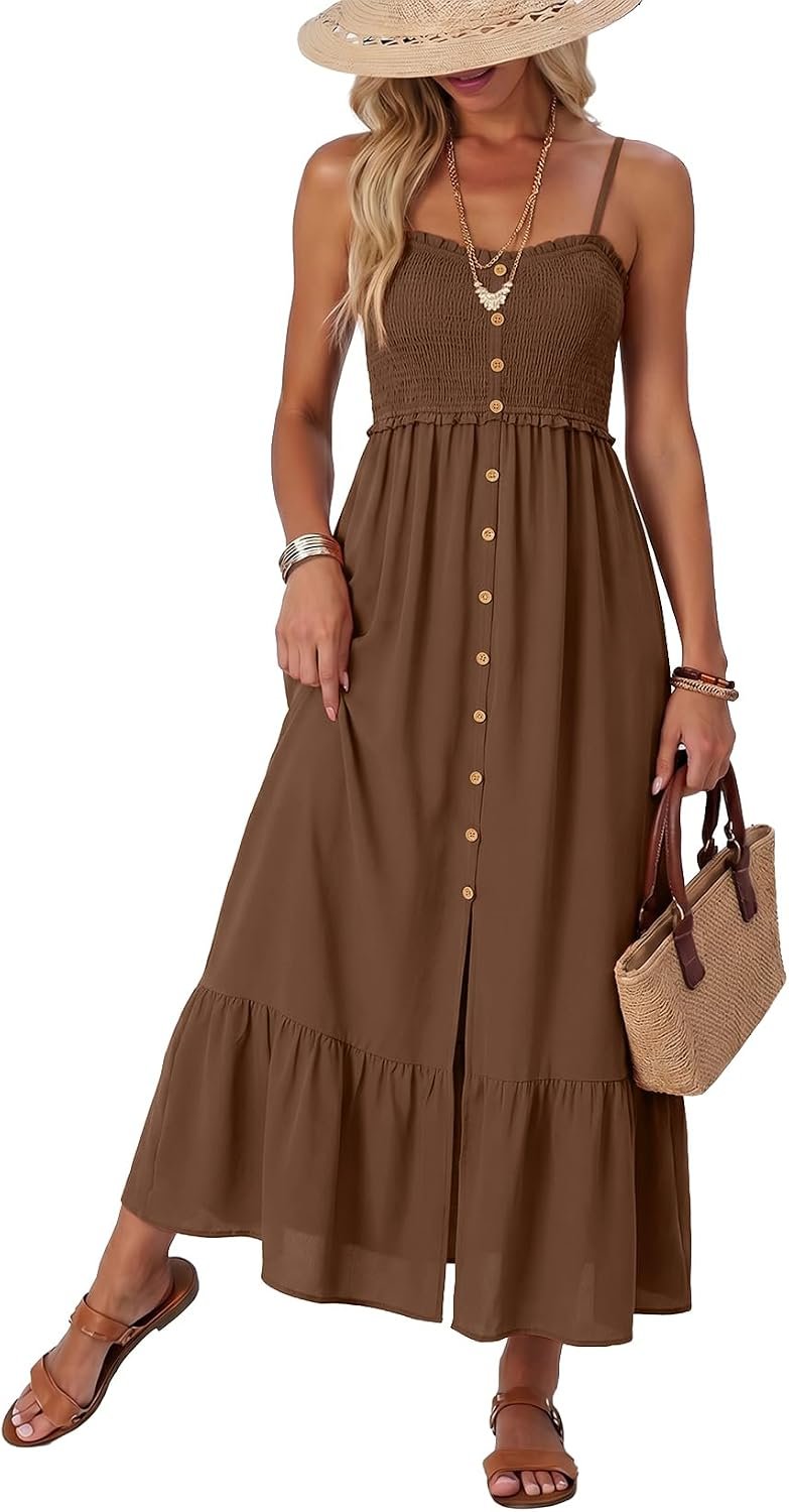 Dokotoo Womens Summer Dresses 2026 Sleeveless Spaghetti Strap Button Down Smocked Beach Vacation Long Maxi Dress with Pockets