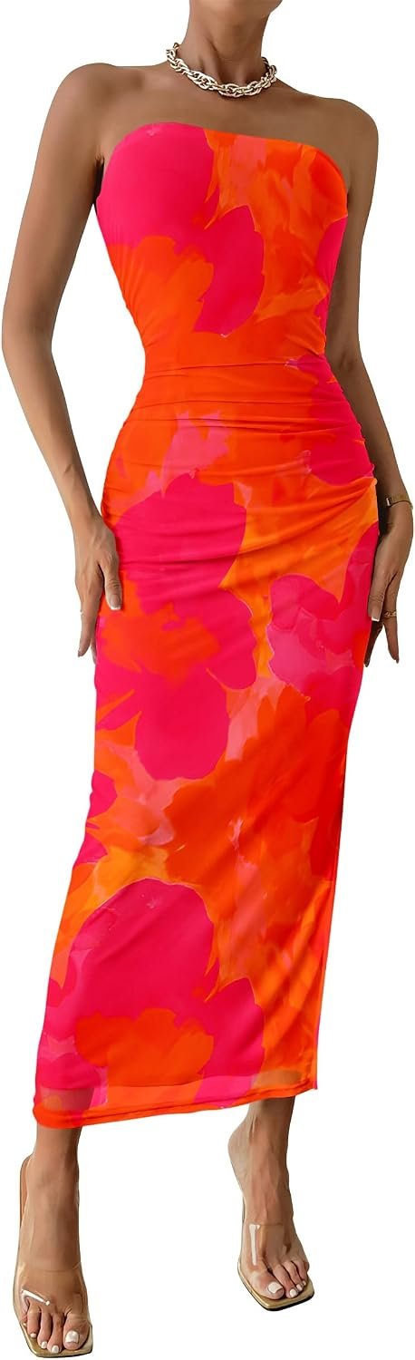 PRETTYGARDEN Women’s Strapless Bodycon Floral Maxi Dress | Stretchy Lined Mesh, Long Tube Dresses, Ruched Slit, Spring Summer Y2K Outfits for Wedding, Date Night Party, Beach Vacation
