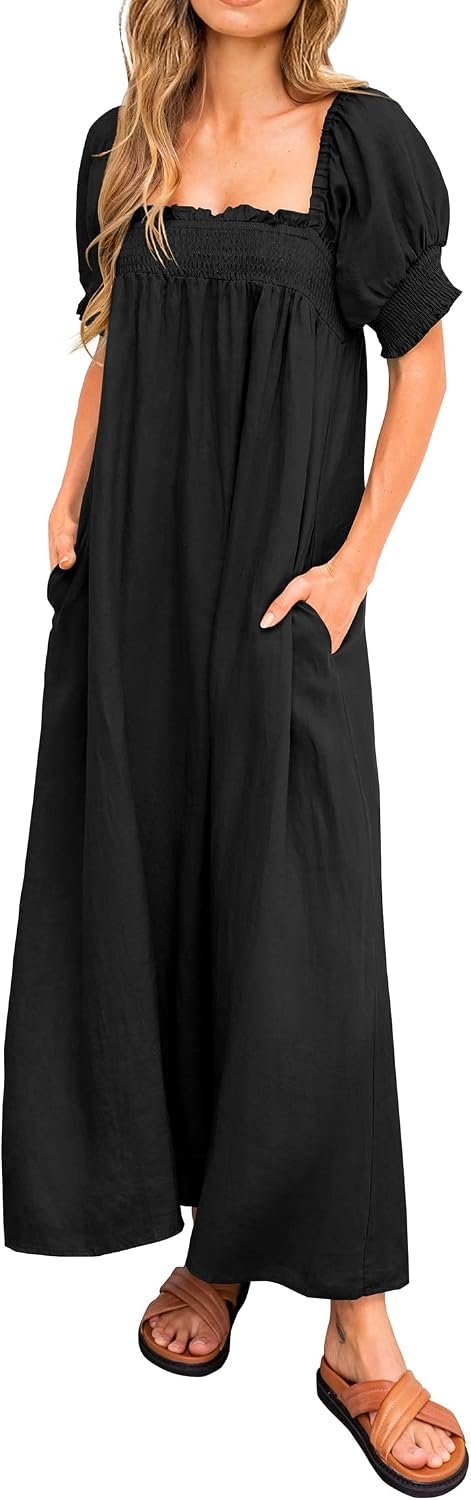 KIRUNDO Women Summer Maxi Dress Puff Sleeve Long Dresses | Square Neck Flowy Babydoll Dress for Maternity, Baby Shower, Postpartum Nursing, Lightweight Comfy Casual Loose, With Pockets