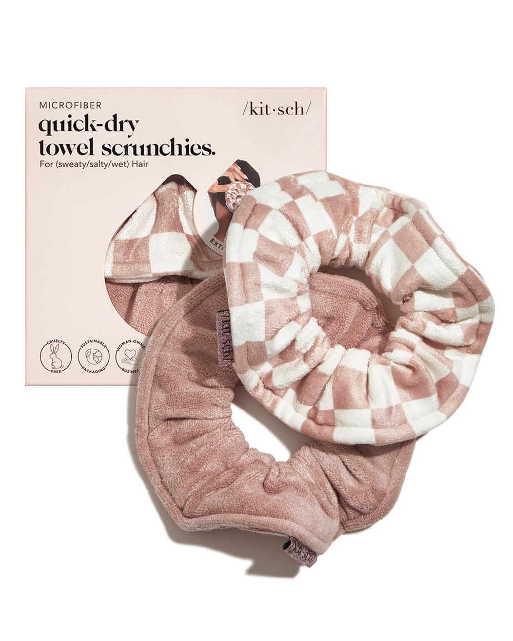 Kitsch Microfiber Hair Towel Scrunchie – Soft Large Scrunchies for Women – Scrunchies for Thick Hair – Highly Absorbent Towels – 2 pcs (Terracotta, Checkered)