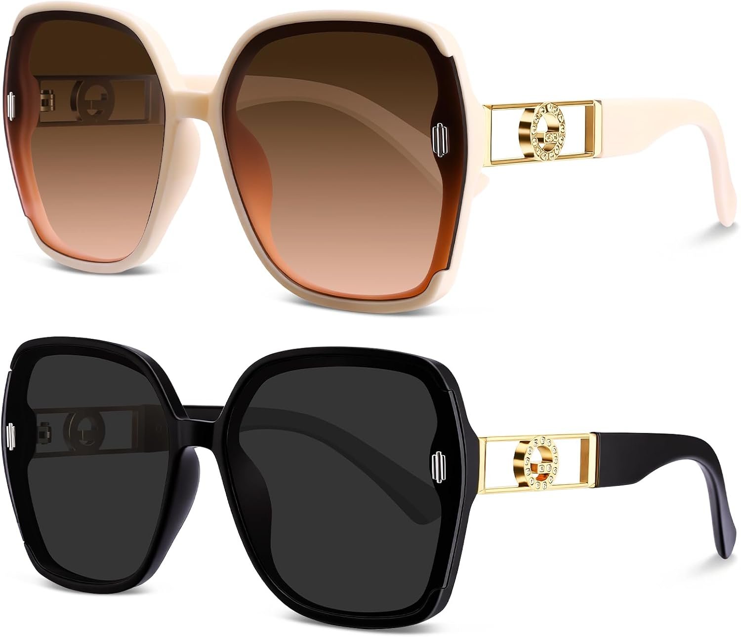 JATEBI 2 Pcs Retro 70s Square Sunglasses Oversized Vintage Big Large Sun Glasses for Women Men UV400 Protection