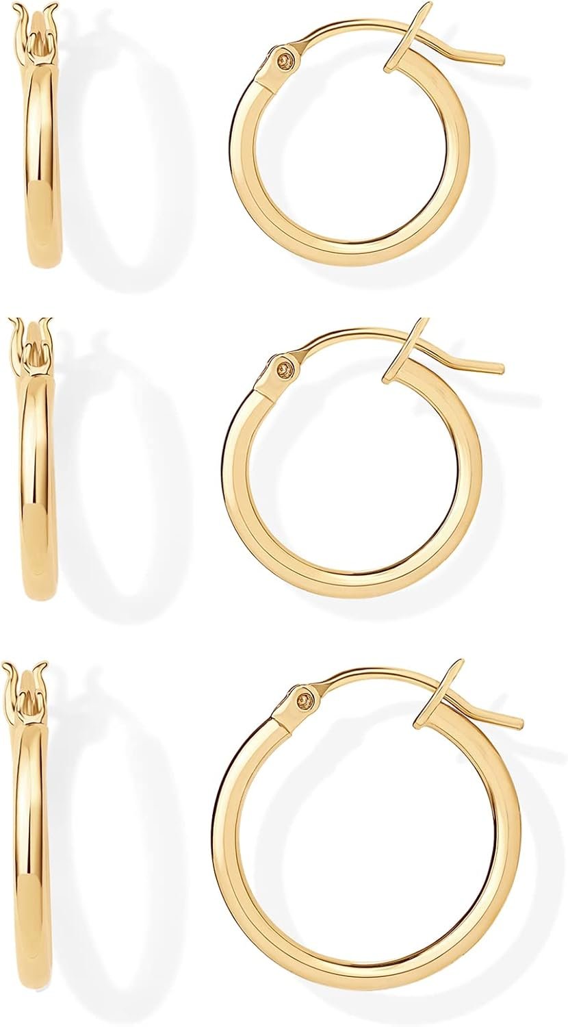 PAVOI 18K Gold Plated 925 Sterling Silver Posts Small Hoop Earrings for Women – Trendy Geometric Plain Chunky Huggie Earscape Piercing Pack – Hypoallergenic Everyday Gold Hoop Earrings Set