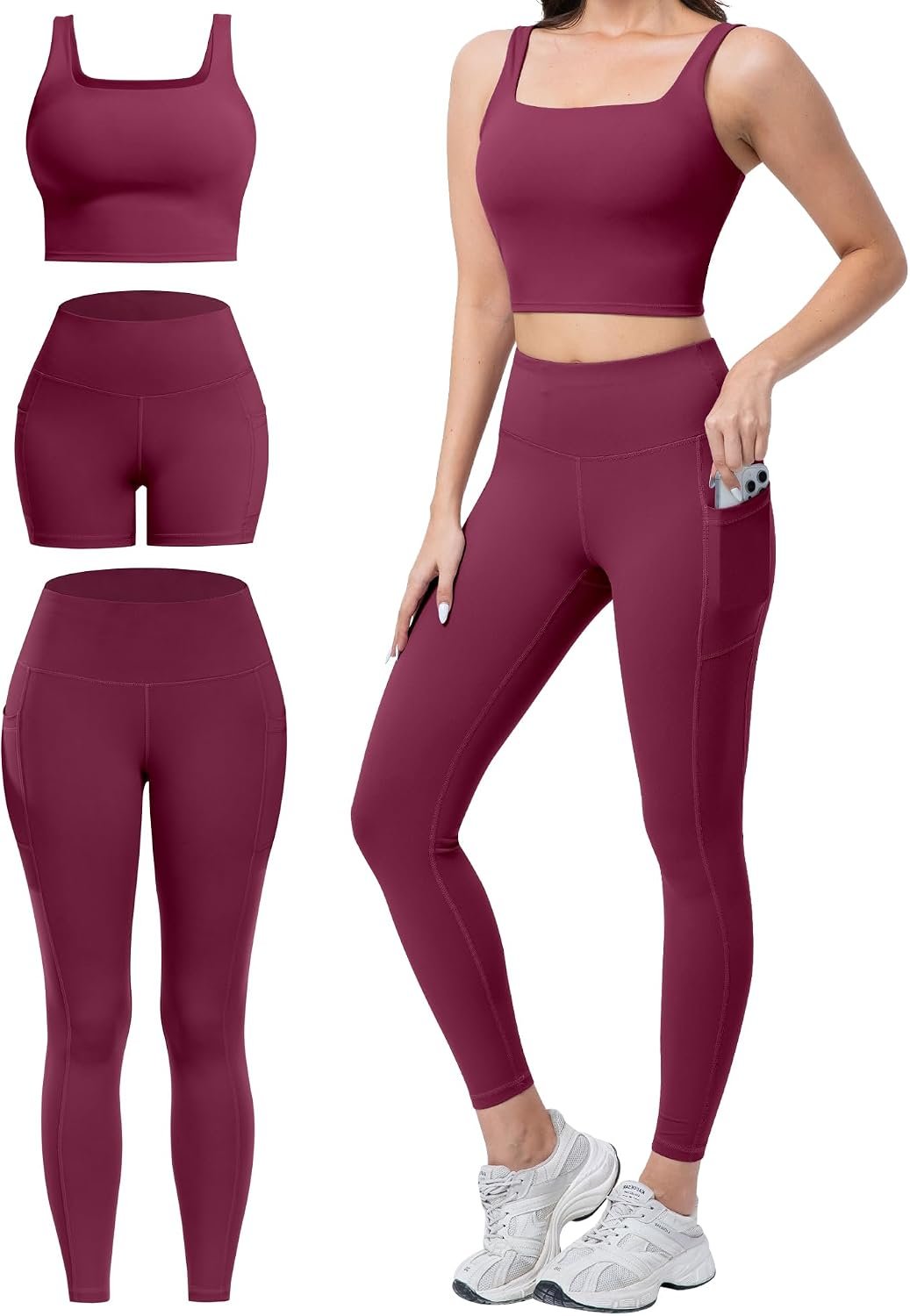 3 Piece Workout Sets for Women High Waisted Leggings with Pockets Tummy Control Biker Shorts Yoga Sports Bra
