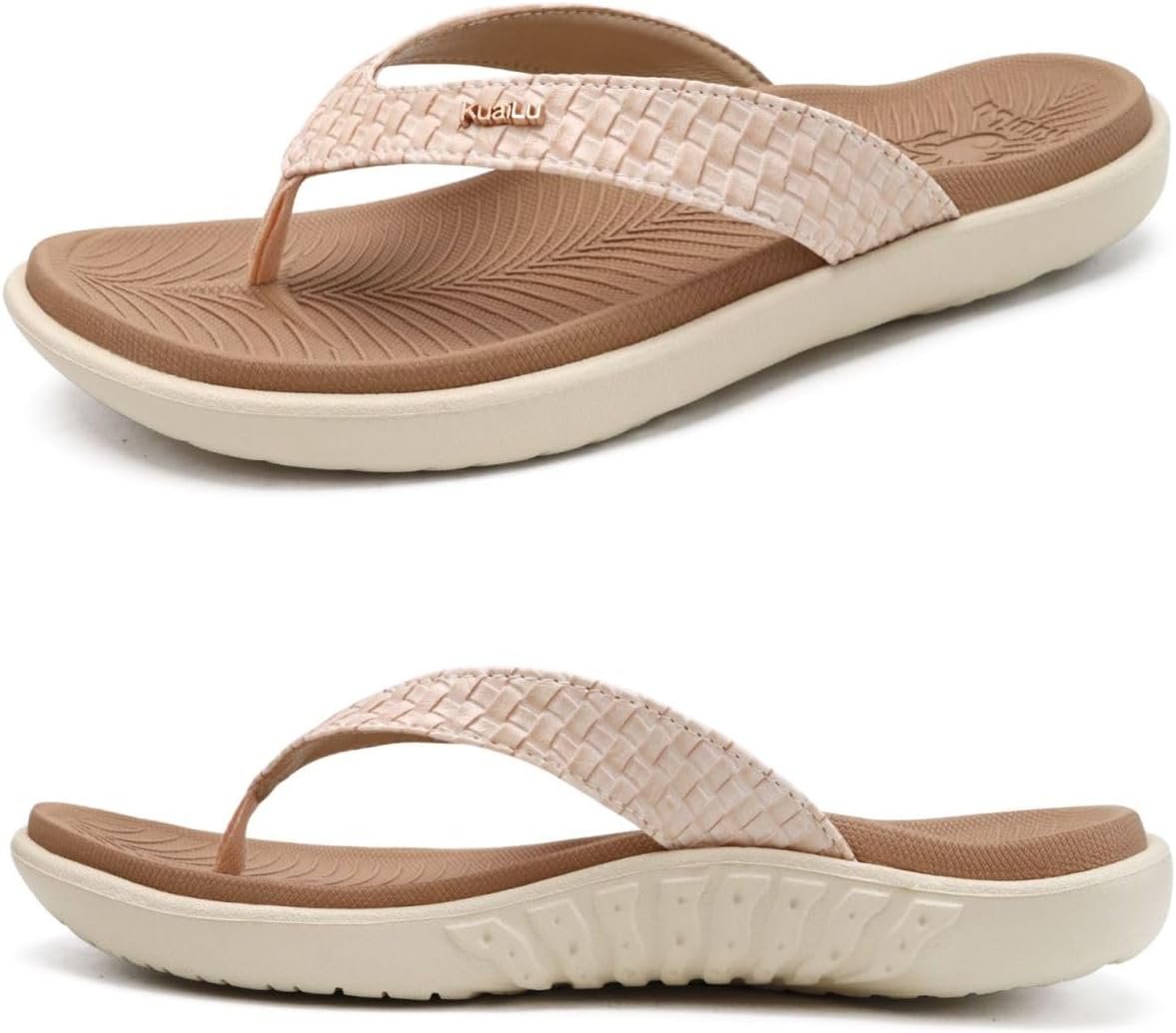 KuaiLu Womens Flip Flops Arch Support Yoga Mat Cushioned Thong Sandals | Ladies Comfortable Walking Slides For Plantar Fasciitis Slip On Indoor Outdoor For Summer