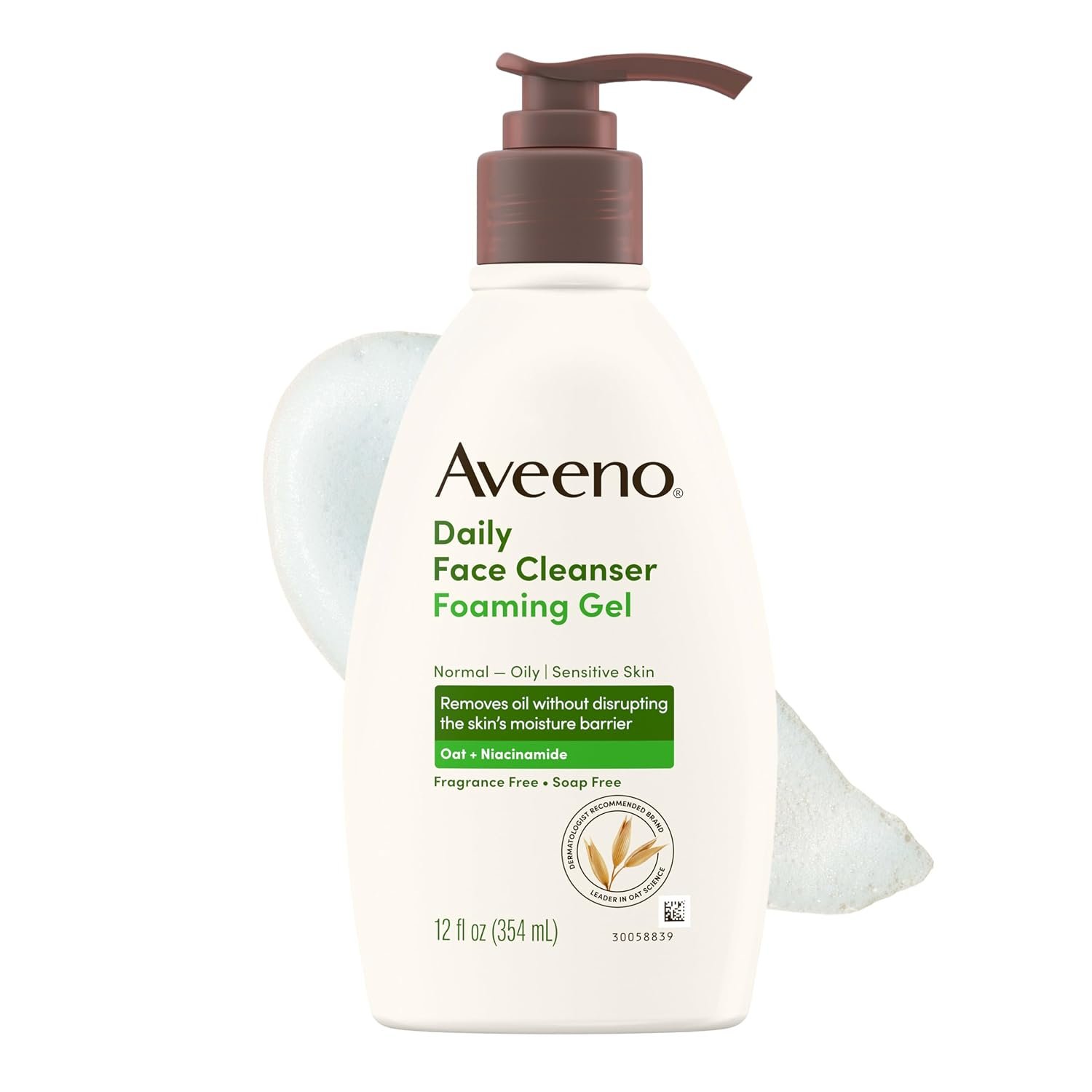Aveeno Daily Foaming Gel Facial Cleanser for Normal to Oily or Sensitive Skin, Prebiotic Oat Formula, Fragrance-Free & Hypoallergenic, Free from Sulfates, Parabens, Dyes & Soap, 12 Fl Oz​