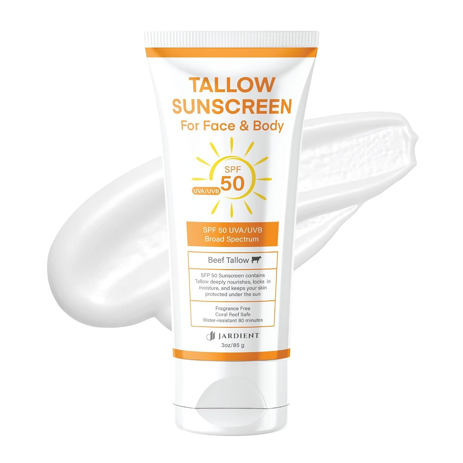 Beef Tallow Sunscreen SPF 50 with Mineral : Instant Sun Protection Non Nano Zinc Oxide Sunblock- Non Greasy Formula- Beach Jogging – 3 Ounce (Pack of 1)