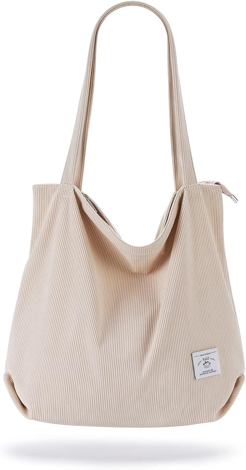 KALIDI Women Corduroy Tote Bag Zipper Casual Tote’s Handbag Big Capacity Shoulder Bag with Pockets