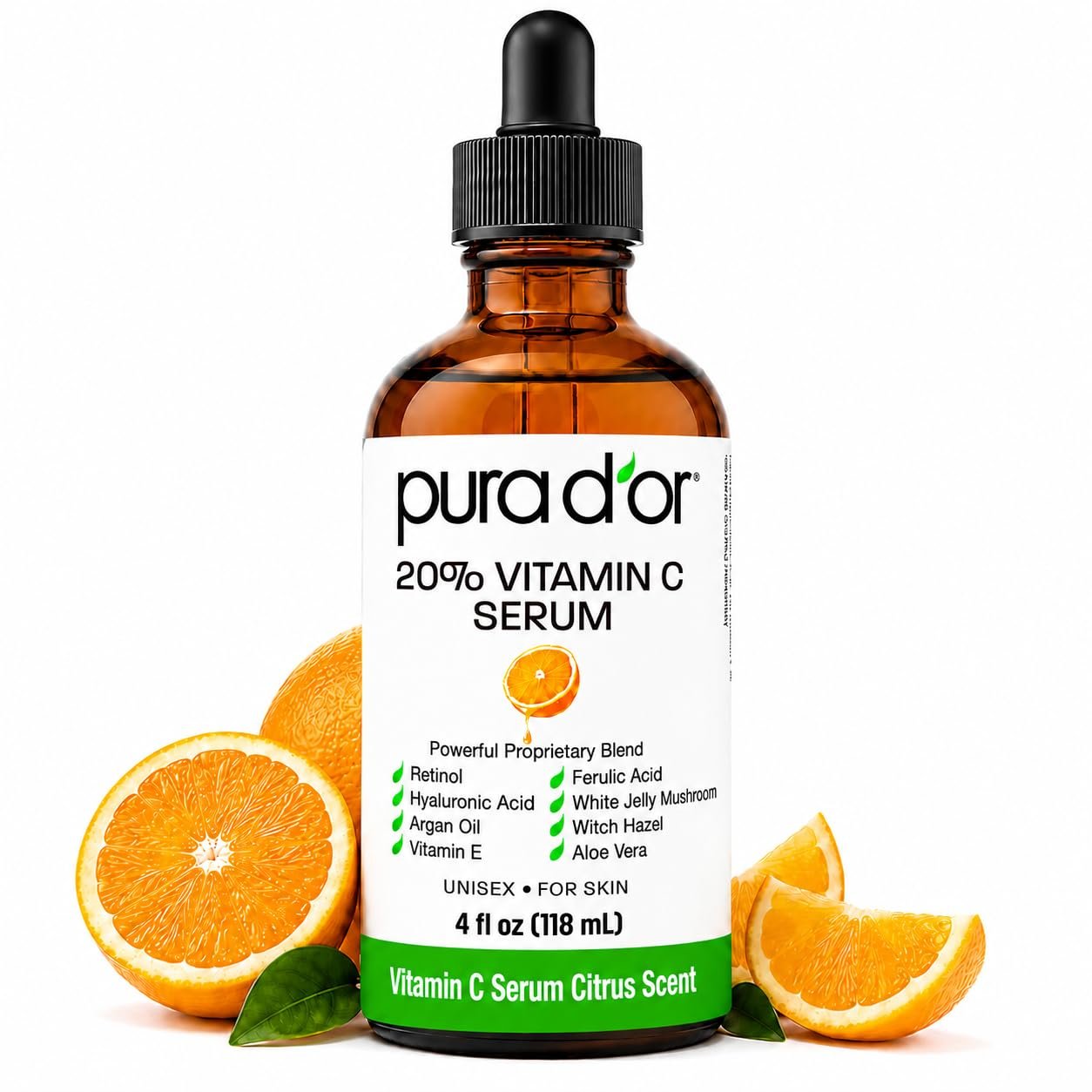 PURA D’OR 20% Vitamin C Facial Serum 4 Oz Antioxidant Anti-Aging Blend w/Retinol, Hyaluronic Acid, Ferulic Acid – Hydrating Lightweight Ayurvedic Skin Care – Men Women Daily Use