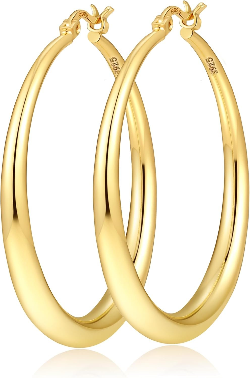 Silver Hoops Earrings for Women Hypoallergenic 925 Sterling Silver 14K Gold Plated Hoop Earrings Lightweight Large Thick Hollow Tube Hoop Earrings 30/40/50/60MM