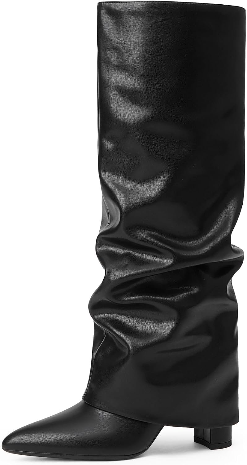 Knee High Boots Women Fold Over Boots Chunky Heel Pointed Toe Tall Boots | Fashion Slouchy Boots,Side Zipper Shark Boots,Fall Spring Winter Fashion Dress Tall Boots,Evening Bridal office Long Boots