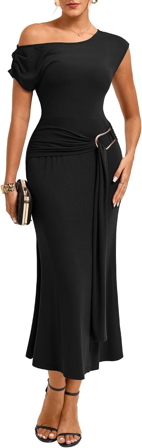 GRACE KARIN Womens Wedding Guest Cocktail Bodycon Maxi Dresses | Short Sleeves,Asymmetrical Neckline,Ruched,Sheath,Wrap,Fitted Silhouette,Sash,Solid Color,Sexy,Elegant,Formal,Party,Vacation