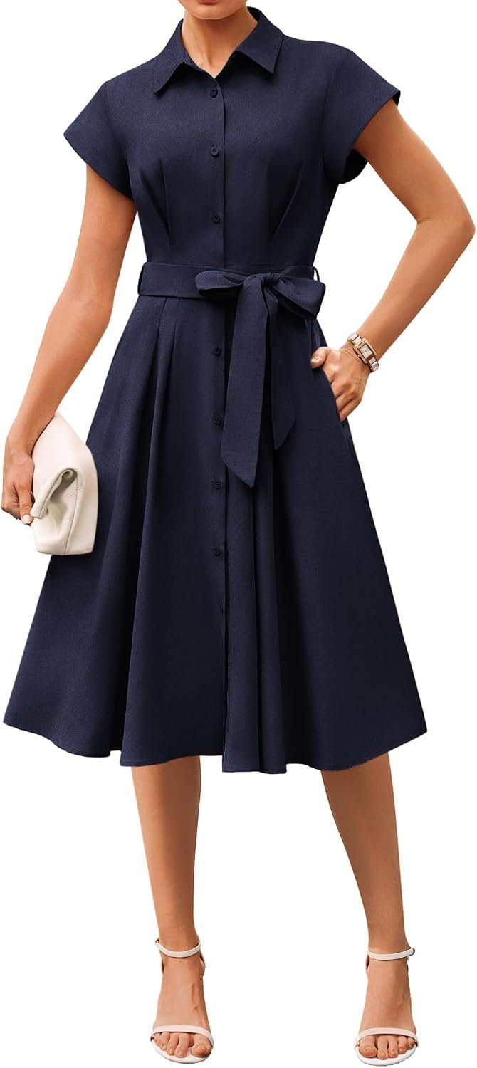 GRACE KARIN Womens Summer Work Business Casual Midi Shirt Dresses | 2026 V Neck Short Sleeve Button Down Collared Belted A Line Dress with Pockets Funeral Office Church Wedding Guest Outfits
