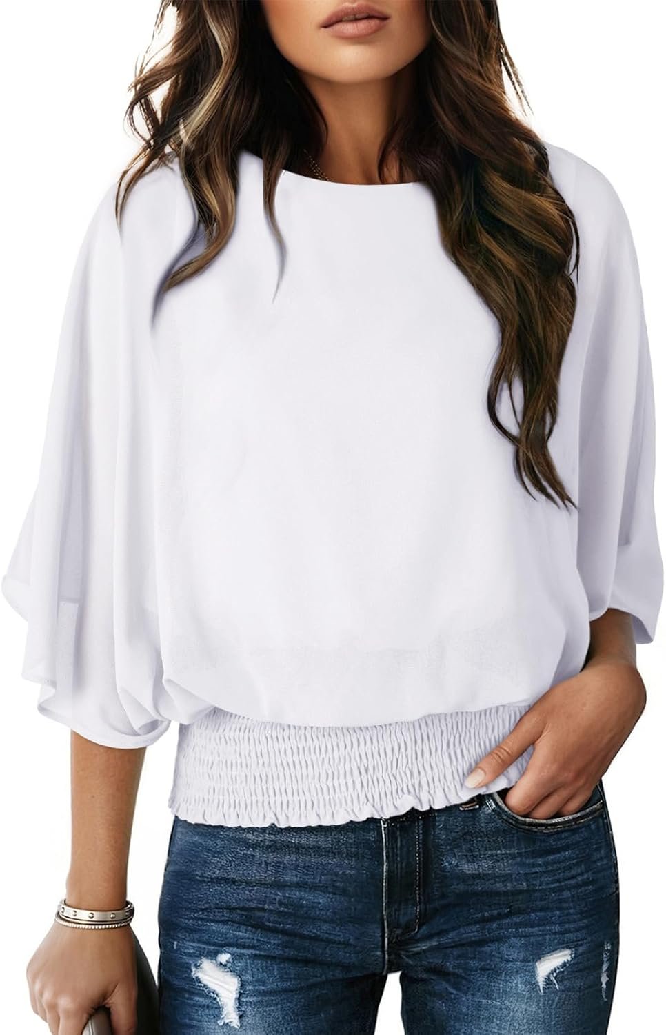 Dokotoo Womens Blouses Dressy Casual Boat Neck Flowy Chiffon Blouses Poncho Batwing Tops