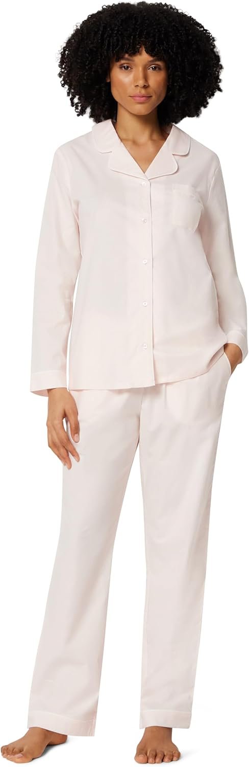 Amazon Essentials Women’s Cotton Stretch Poplin Pajama Set, Long Sleeve Button-Down Shirt with Pants
