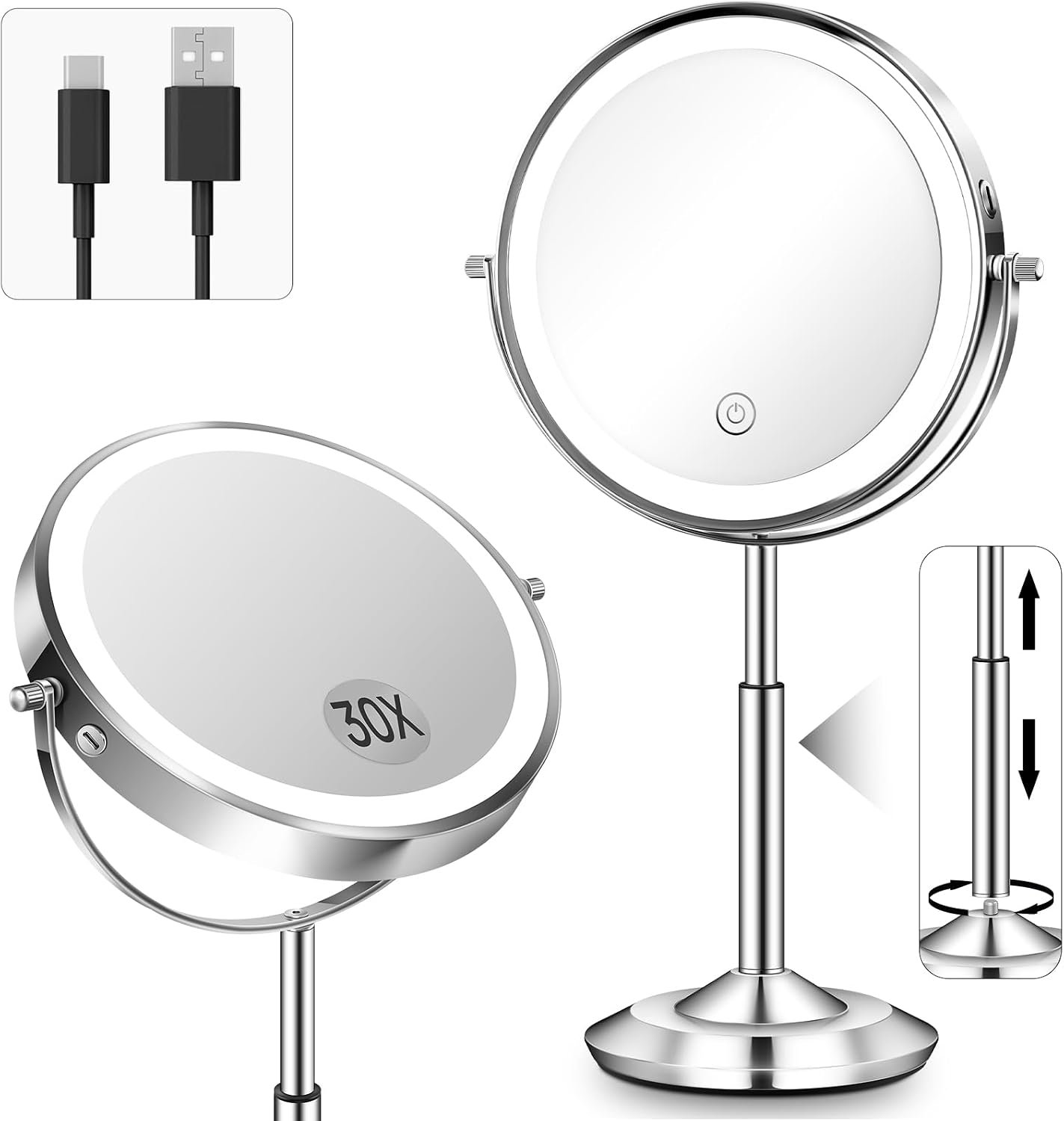 1X/30X 8″ Magnifying Makeup Mirror with Lights Height Adjustable for Desk | 3000mAh Rechargeable Lighted Magnifying Mirror Double Sided Vanity Mirrors with 3 LED Lighting Touch Dimmable for Women Gift