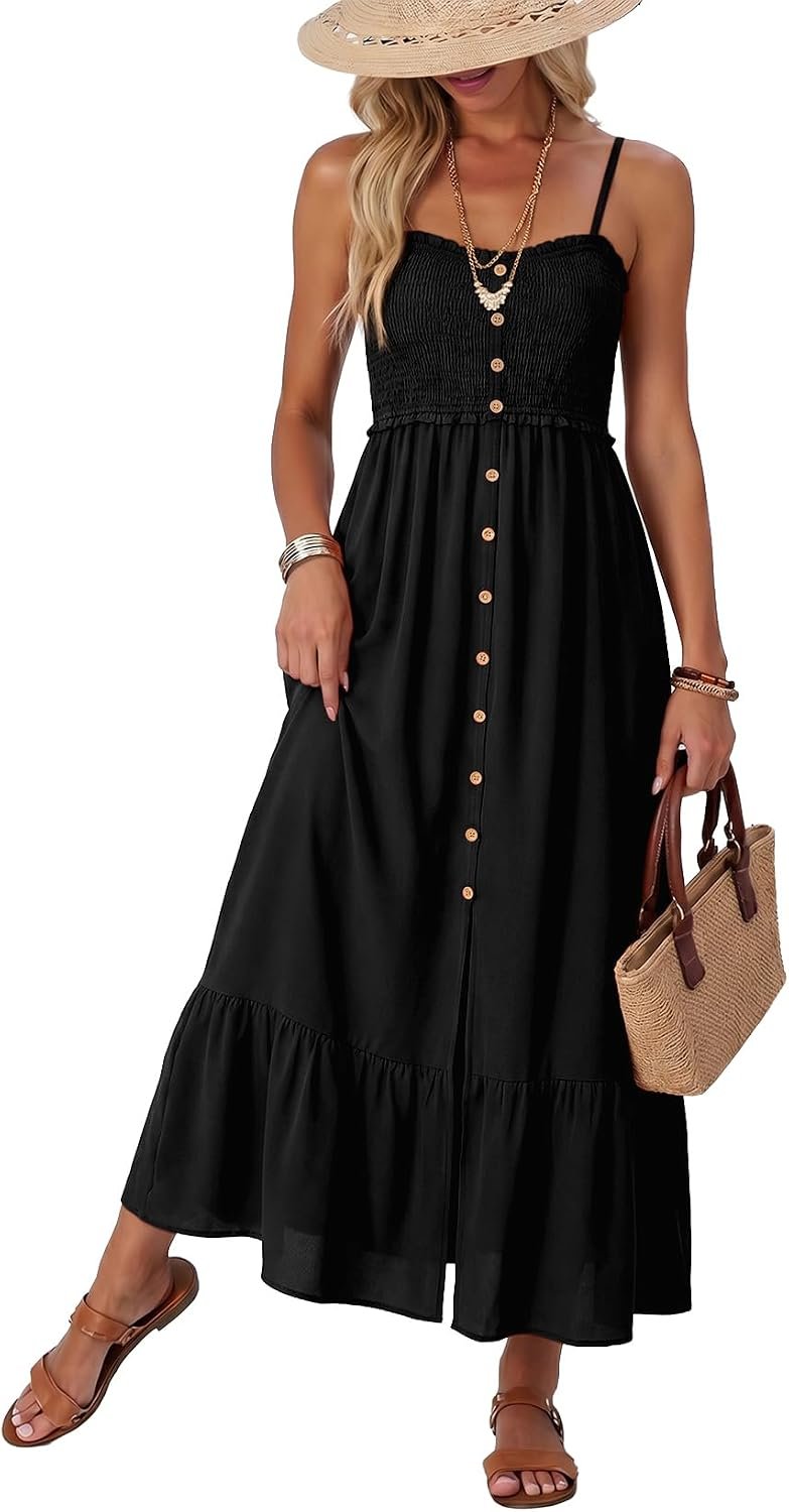 Dokotoo Womens Summer Dresses 2026 Sleeveless Spaghetti Strap Button Down Smocked Beach Vacation Long Maxi Dress with Pockets