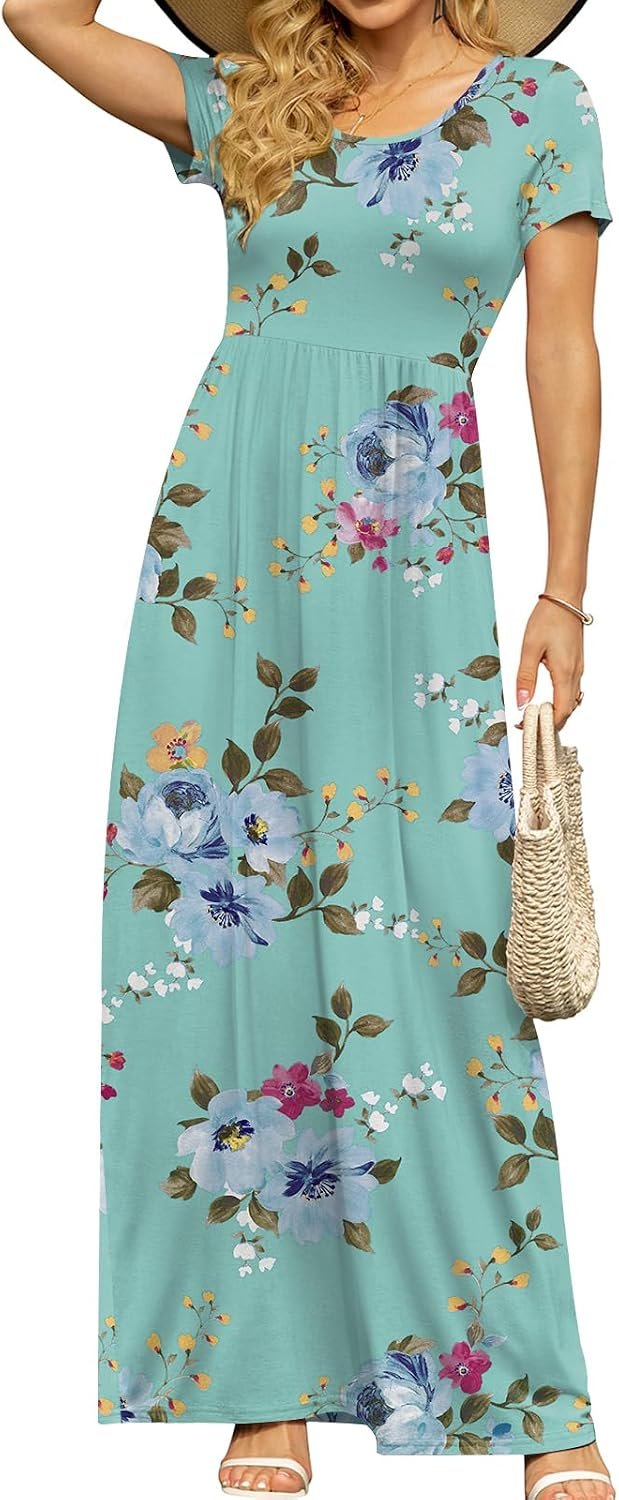 DB MOON Women’s Summer Maxi Dress Casual Short Sleeve Empire Waist Pockets | Long Dress, Pockets, Casual Short Sleeve