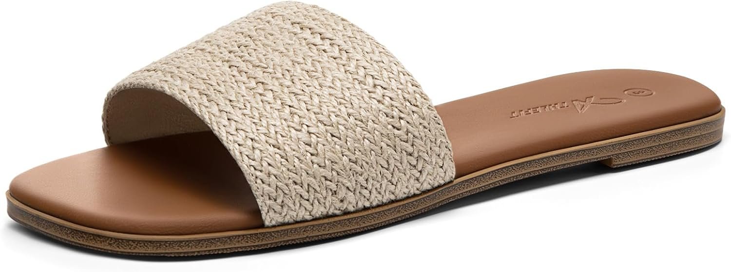 Athlefit Flat Sandals Women Dressy Square Toe Raffia Summer Slide Sandals | Lightweight Raffia/Leather/ Braided Texture, Soft Latex Cushioned Footbed, TPR Outsole, Summer Trips, Casual Outings, 5.5-11