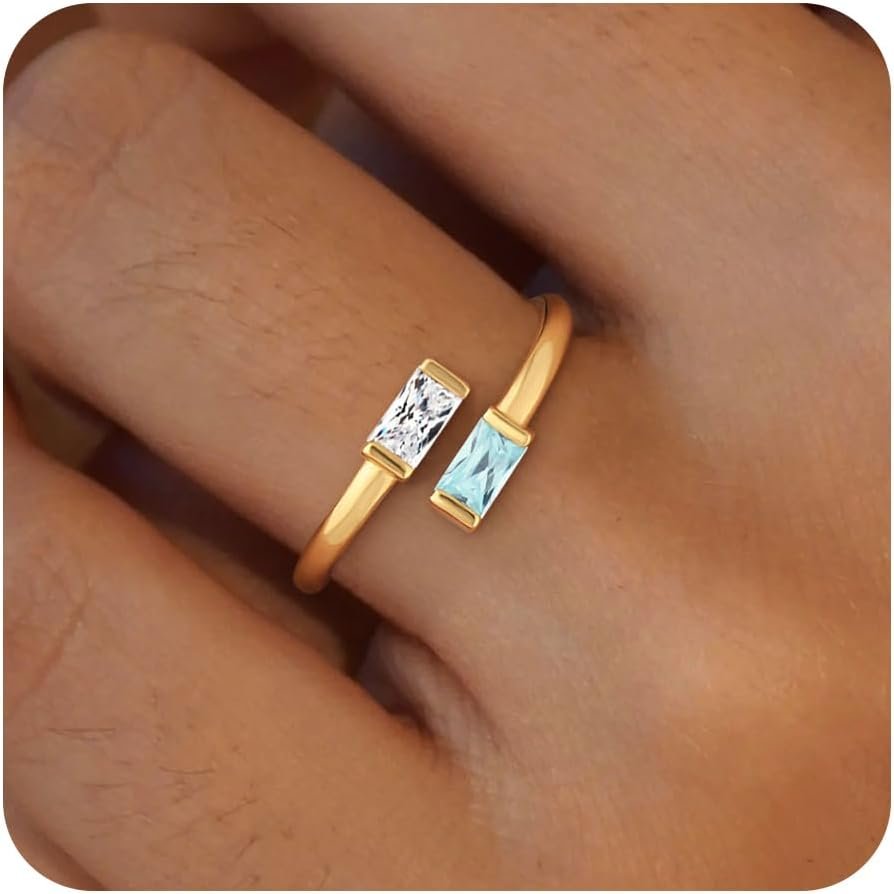 Honsny Gold Birthstone Rings for Women Non Tarnish Adjustable Gemstone Ring | Engagement Promise Ring for Her, Dainty CZ Rings, Waterproof Jewelry, 14K Gold Plated, Gifts for Mother Friend Birthday