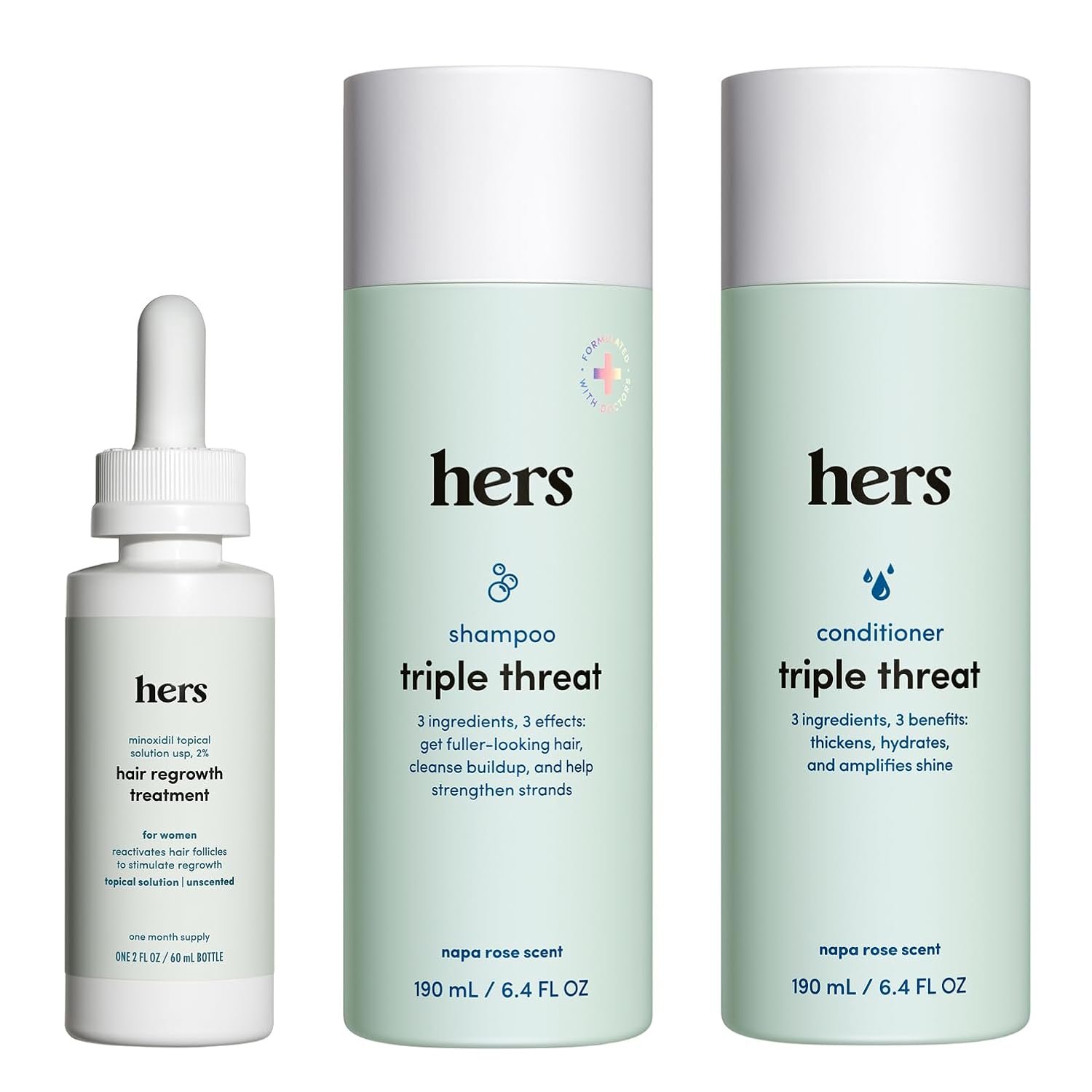 HIMS and HERS Triple Threat Shampoo – Conditioner and 2% Minoxidil Set – Biotin – Saw Palmetto and Pumpkin Seed Oil – Regrowth for Women – Color-Safe – Paraben-Free – Napa Rose – 3 Count – 6.4 Fl Oz