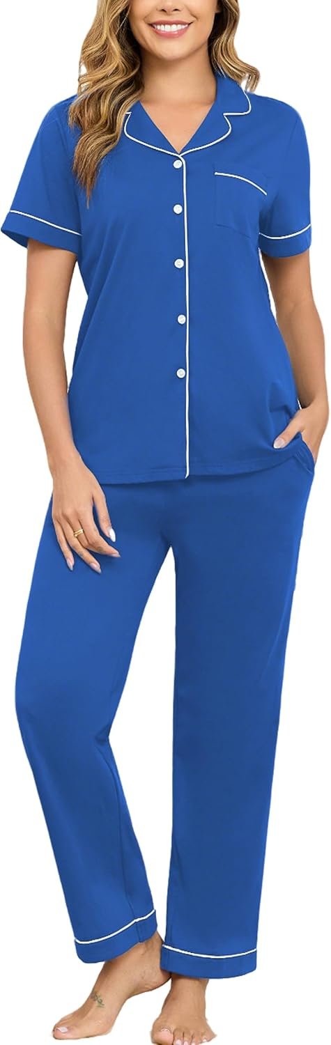 Veseacky 100% Cotton Pajamas for Women Set Short Sleeve Button Down Sleepwear Soft 2 Piece Summer Pjs Lounge Sets S-XXL