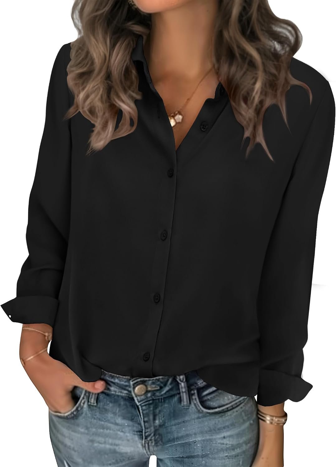 Zeagoo Women Blouses Chiffon Long Sleeve Button Down Shirts Business Tops | Lightweight Flowy Chiffon Blouse Classic V Neck Collared Shirts Causal Dressy Work Top Summer Spring Fall Outfits