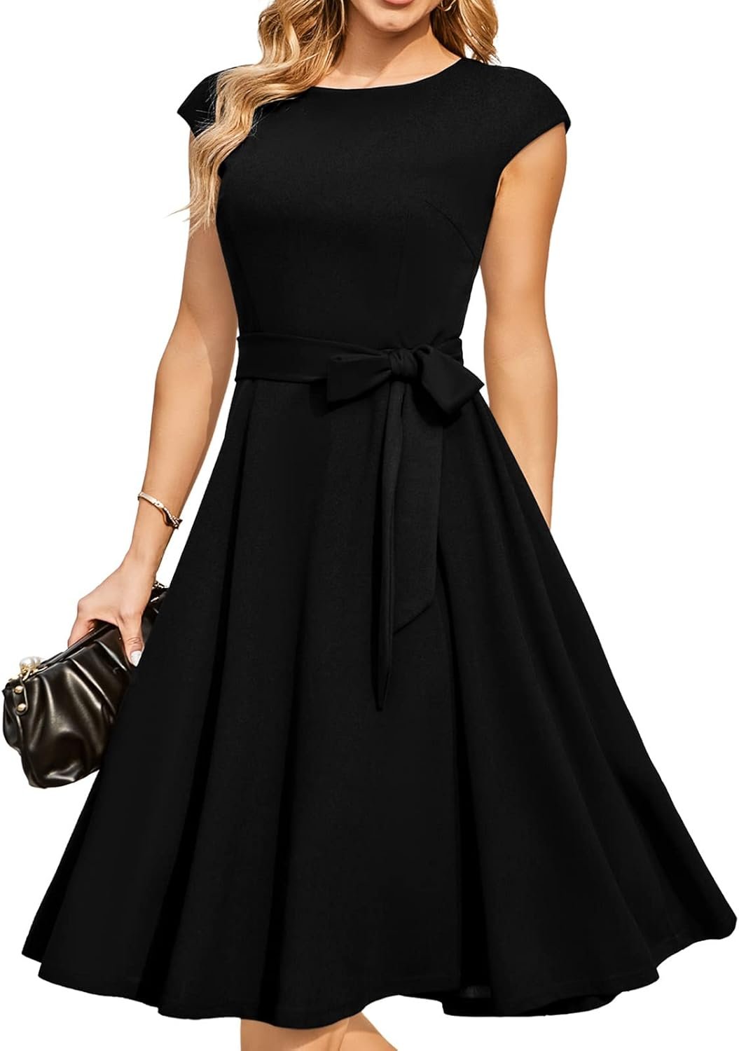 DRESSTELLS Women’s Cocktail Dresses, Formal Wedding Guest Church Dress | A-line, Mid Calf, Detachable Belt, Vintage Tea Party, Modest Evening Dress