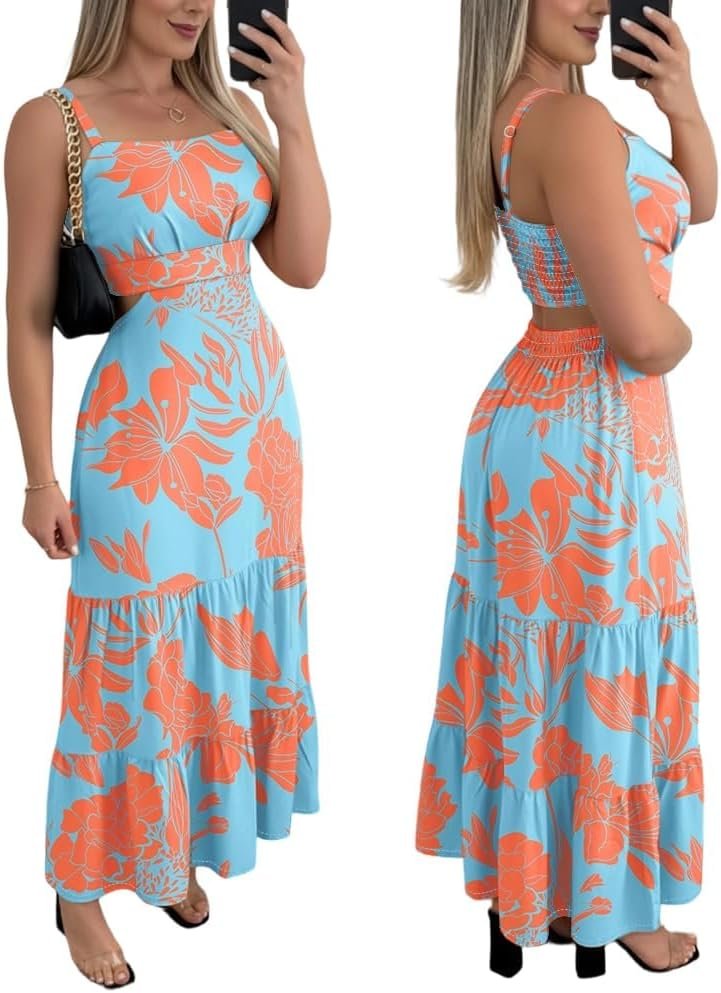 CHICME Womens Summer Dresses Cut Out Boho Maxi Sundress | Square Neck Detail, Sleeveless Design, Flowy A Line Fit, Floral Print, Beach Vacation Wear, Garden Party Style