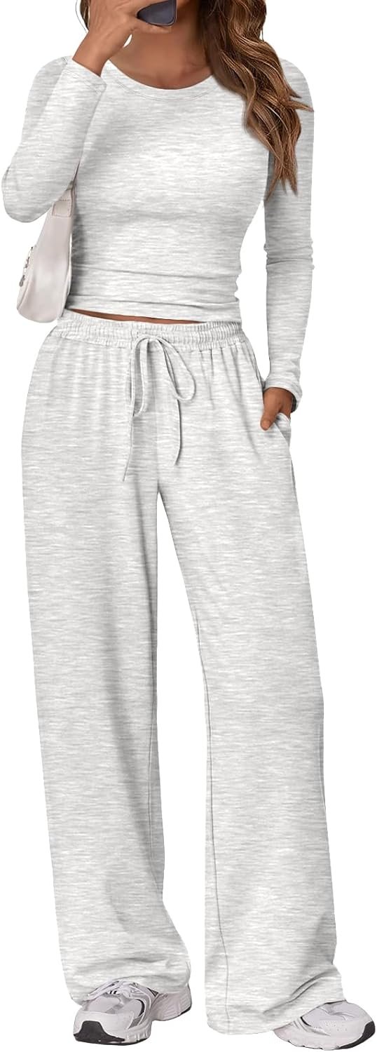 Trendy Queen Women’s 2 Piece Outfits 2026 Fall Lounge Set with Pockets | Airport Clothes, Athleisure Workout Set, Fall Fashion Staple, Winter Clothing, Side-ruched Top, Drawstring Wide Leg Pants