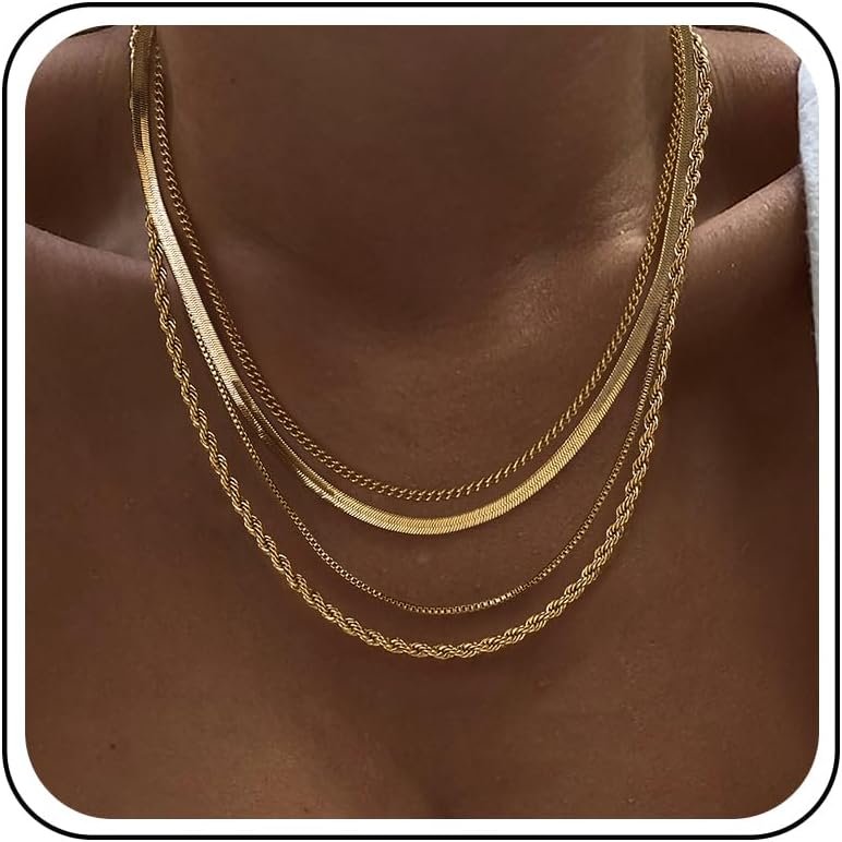 Tewiky Layered Necklaces for Women Non Tarnish- Chunky 14k Gold Plated Herringbone/Snake/Rope/Box/Cuban Link Chain for Women Waterproof Layering Stack Choker Necklace Trendy Dainty Tarnish Free Jewelry Set