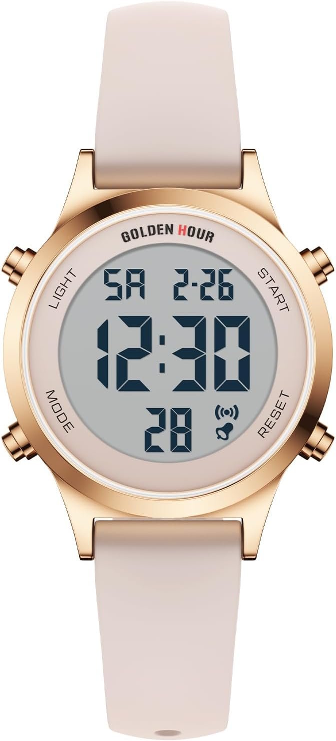GOLDEN HOUR Waterproof Women’s Digital Sports Watches with Silicone Strap, Alarm Calendar Stopwatch Chronograph 32mm Rose Gold Case