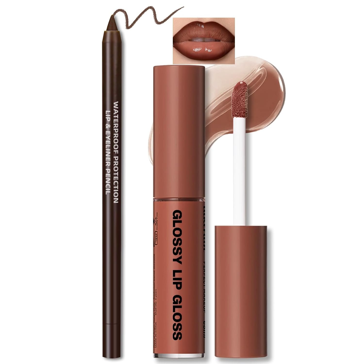 HOSAILY Natural Nude Lip Combo, Nourishing Lip Gloss&Brown Lip Liner Kit | Moisturizing High Shine Finish for Juicy Volume Lips, Sultry Y2K Looks, Lightweight Nude Brown Gloss&Silky Smooth Lip Contour
