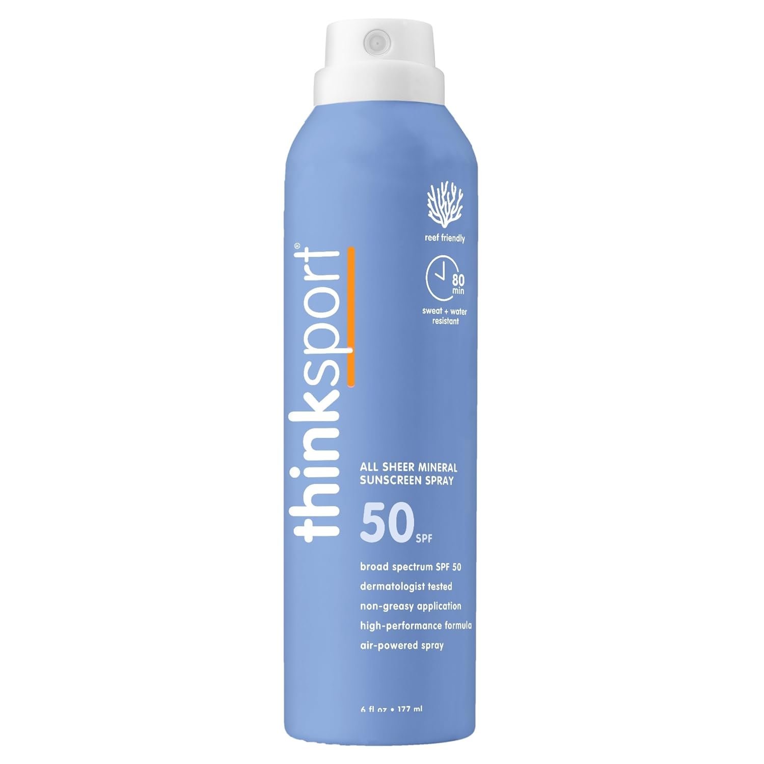 Thinksport SPF 50+ Mineral Sunscreen Spray, All Sheer, 6 Fl Oz – Natural, Water Resistant Body Sun Protection, Vegan & Reef Safe