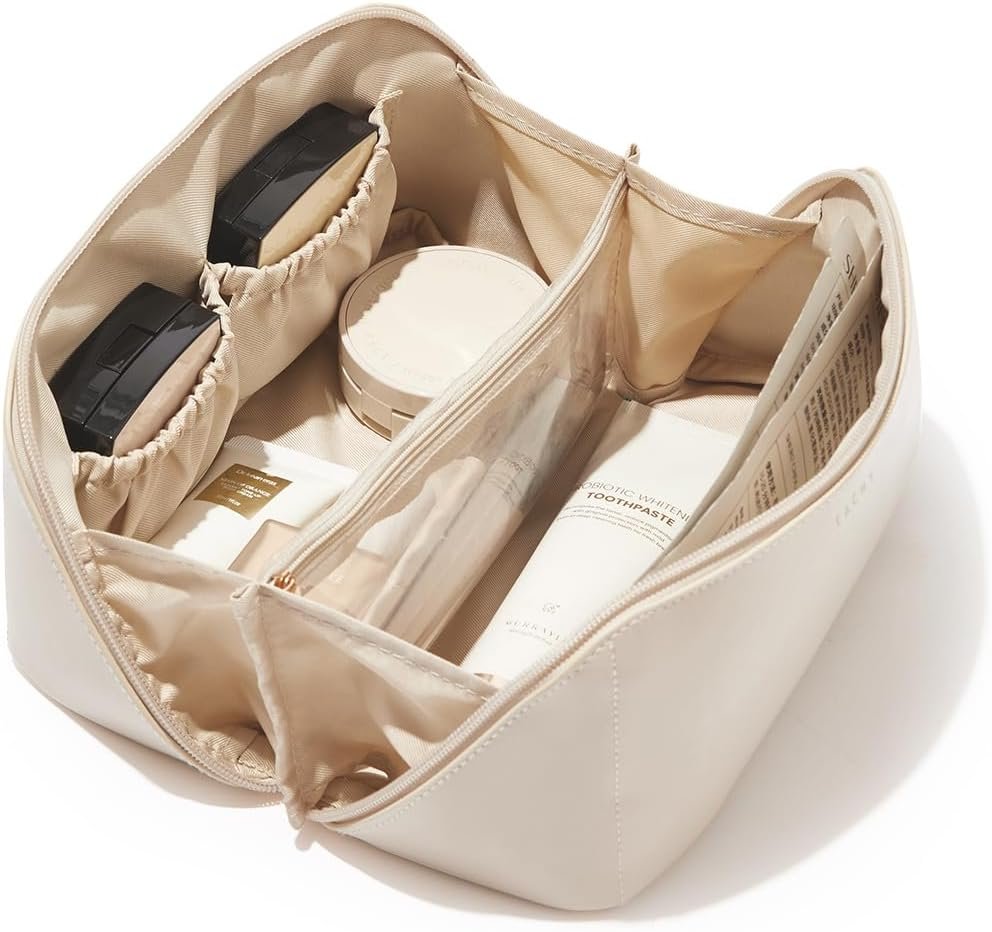 EACHY Travel Makeup Bag for Women, PU Leather Cosmetic Bag, White, Medium | Water-resistant PU leather exterior with flat-open access, clear TPU brush compartment and organized storage for cosmetics