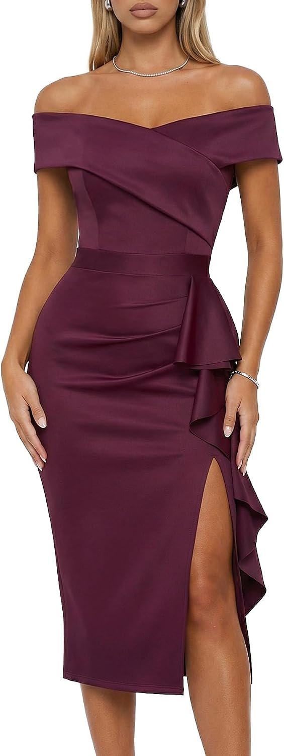 Women’s Off the Shoulder Ruched Midi Dress with Built-in Bra | Elegant and flattering fit, hugs all curves, soft and comfortable fabric, for formal events, wedding guest and cocktail party