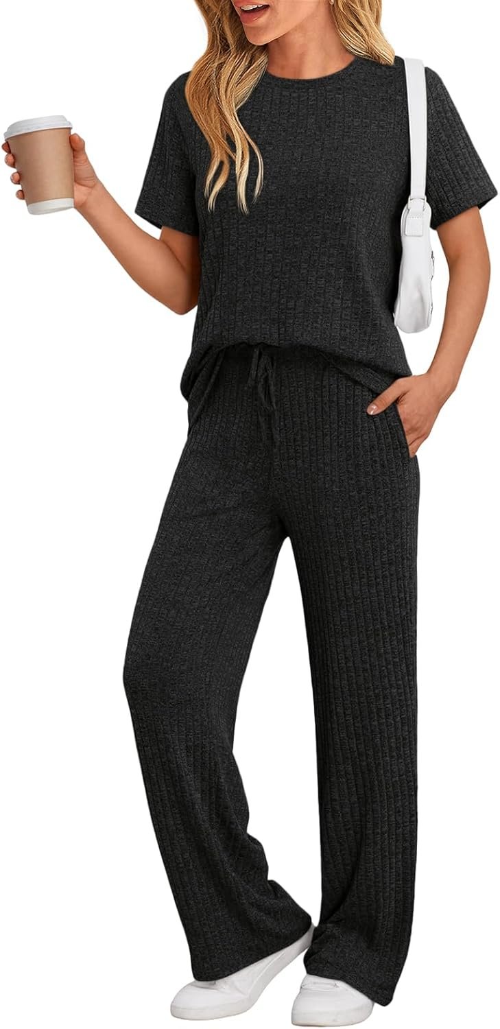 LILLUSORY Womens Lounge Sets 2 Piece Matching Travel Outfits | Lightweight Ribbed 2 Piece Set, Breathable, Stretchy, Wrinkle-Resistant, Travel Ready, Versatile