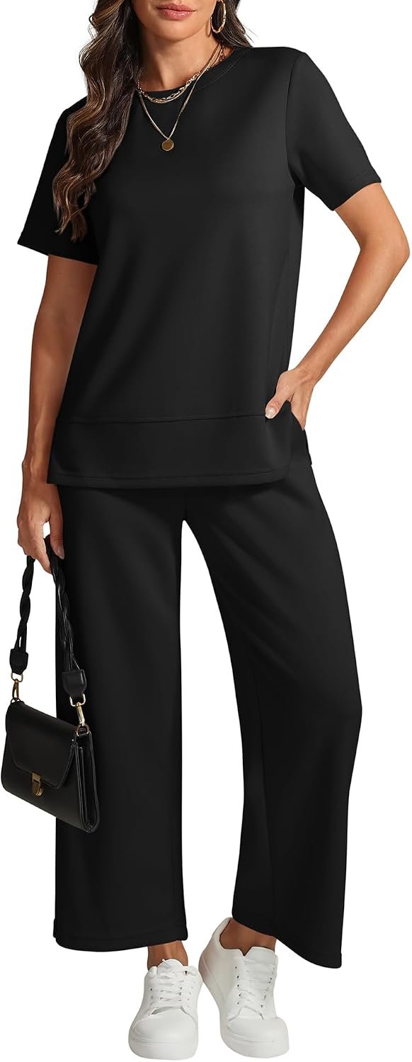 ATHMILE Womens 2 Piece Lounge Set Fashion Travel Outfits Summer Beach Vacation Tracksuit Comfy Wide Leg Airport Loungewear