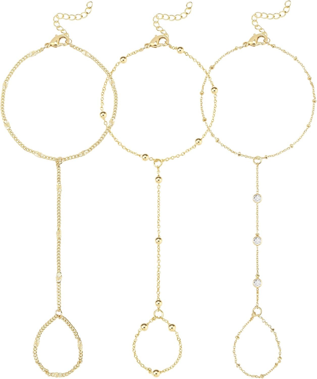 Reoxvo Gold Hand Chain Ring Bracelets Jewelry for Women | Non Tarnish Waterproof 14K Gold Plated Finger Rings Bracelet Accessories