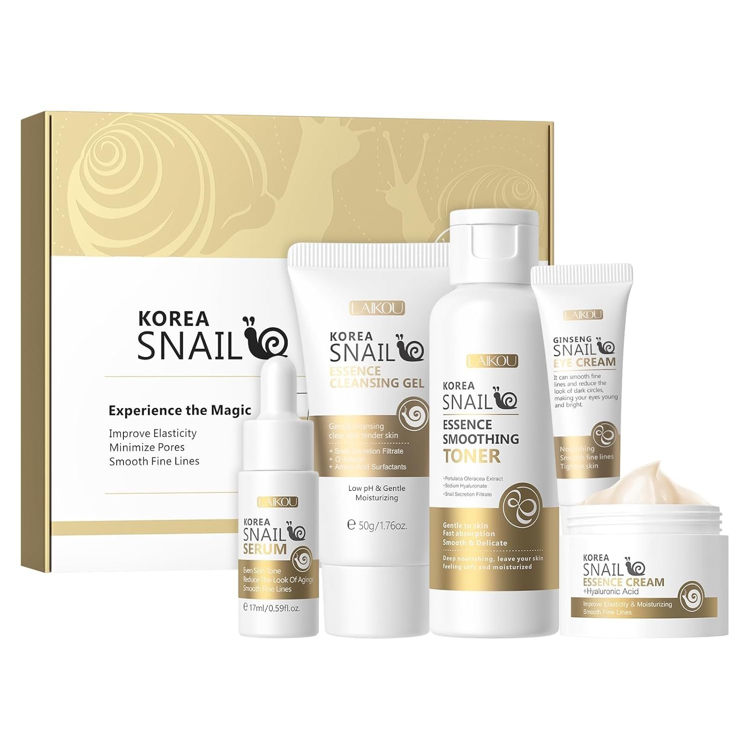 LAIKOU Korean Skin Care, Skin care set, Snail Skin Care Kit 5pcs | Cleansing Gel, Toner, Eye Cream, Serum, Essence Cream for Women Teen Girls Mom Daughter Mother’s Day Birthday