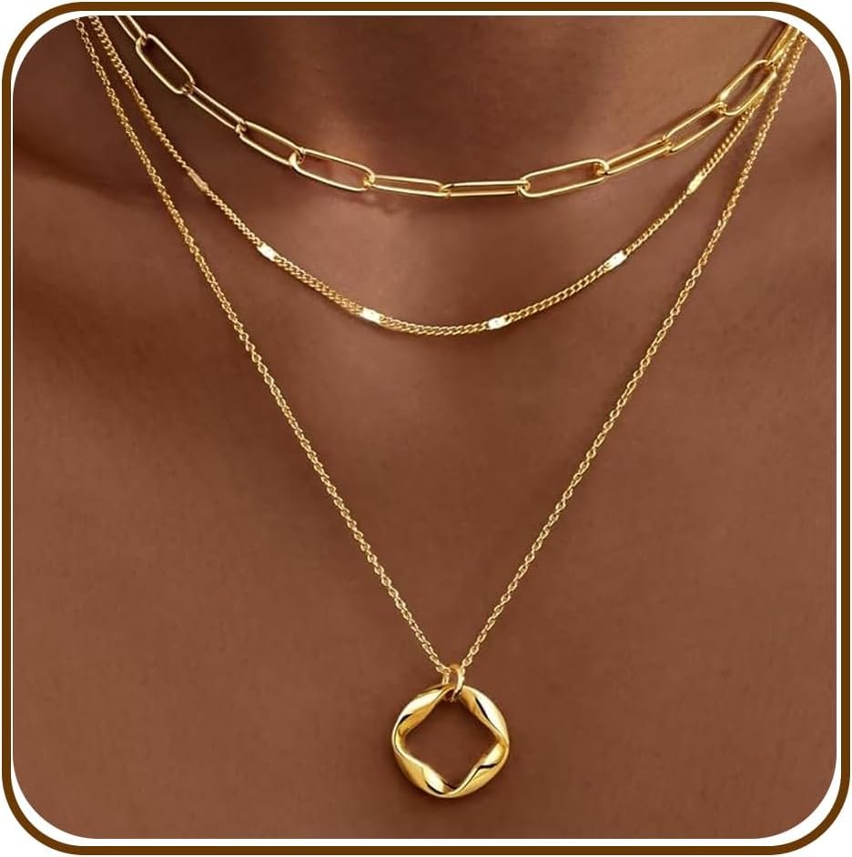 Poxtex Layered Gold Necklaces for Women, Stackable Dainty 14K Gold Silver Plated Trendy Simple Heart Diamond Cross Bow Circle Pendant Paperclip Choker Dot Chain Necklace,Jewelry Set Gifts for Women