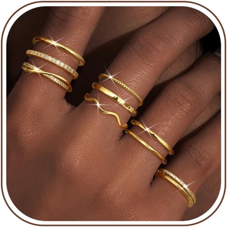 Tungary Adjustable Stackable Rings for Women Non Tarnish CZ Ring Set | 9 Pcs Open Ring Set, Hypoallergenic, Waterproof, Statement Thumb Knuckle Pinky Rings, Promise Wedding Ring, Gold/Silver Rings