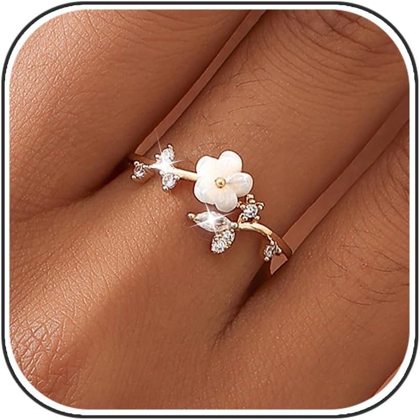 Rings for Women Non Tarnish, 14K Gold Plated Open Pearl Flower Band Adjustable Cubic Zirconia Rings for Women