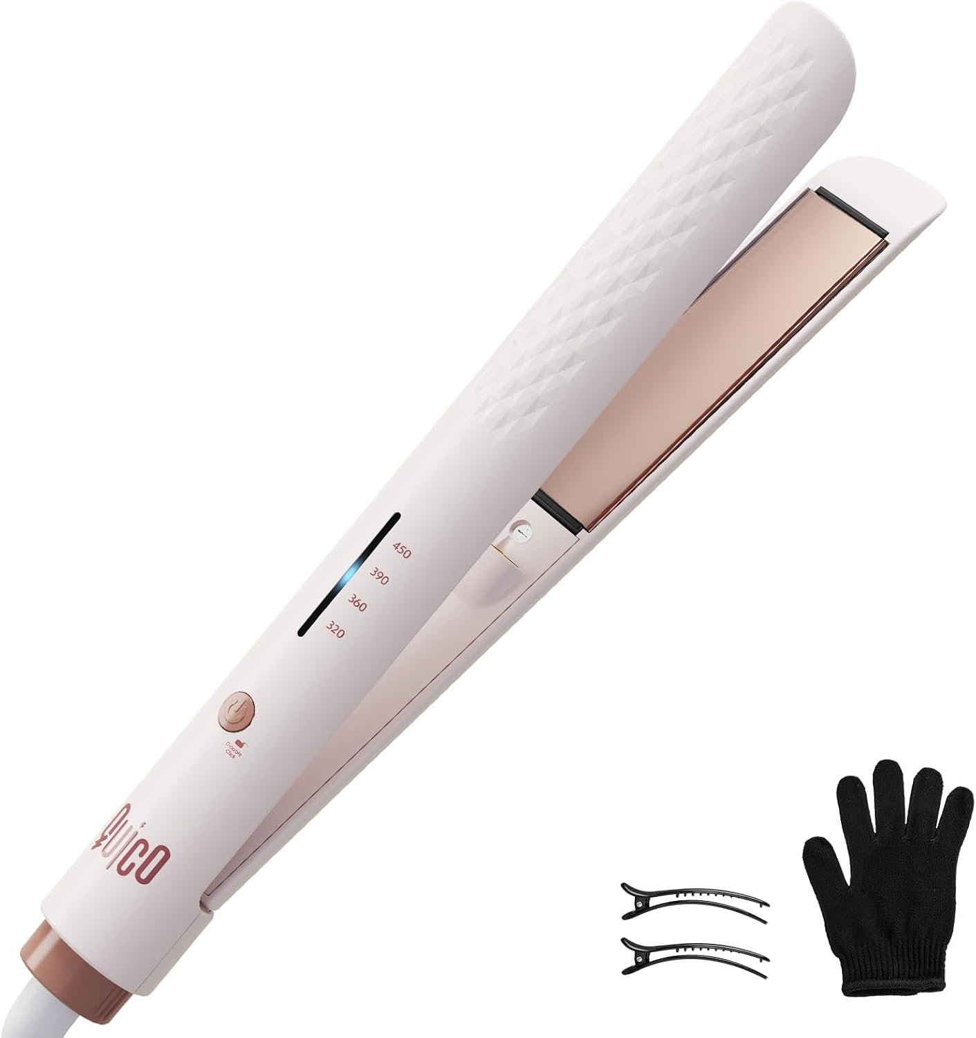 Quico Hair Straightener, 110-240V Global Travel Hair Straighteners for Women, 15s Fast Heating, Ceramic Negative Ion Flat Iron, Temp Memory, 320℉-450℉, Auto-Off, with Glove and Clips, Gift, Pink