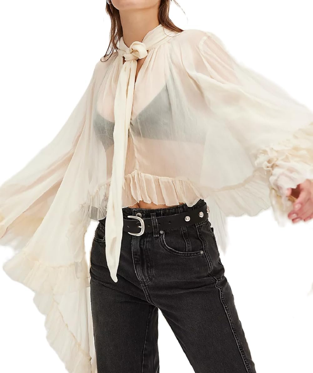 NUFIWI Women’s Sheer Ruffle Trim Blouse with Self Tie Neck | Long Bell Sleeve Frill Trim Shirt Tunic Poncho Sexy See Through Mesh With Self Tie Neck Boho Overlay High Low Going Out Tops
